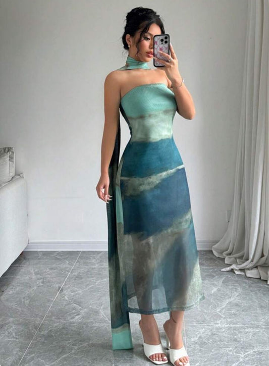 VESTIDO LARGO COLOR ACUA
