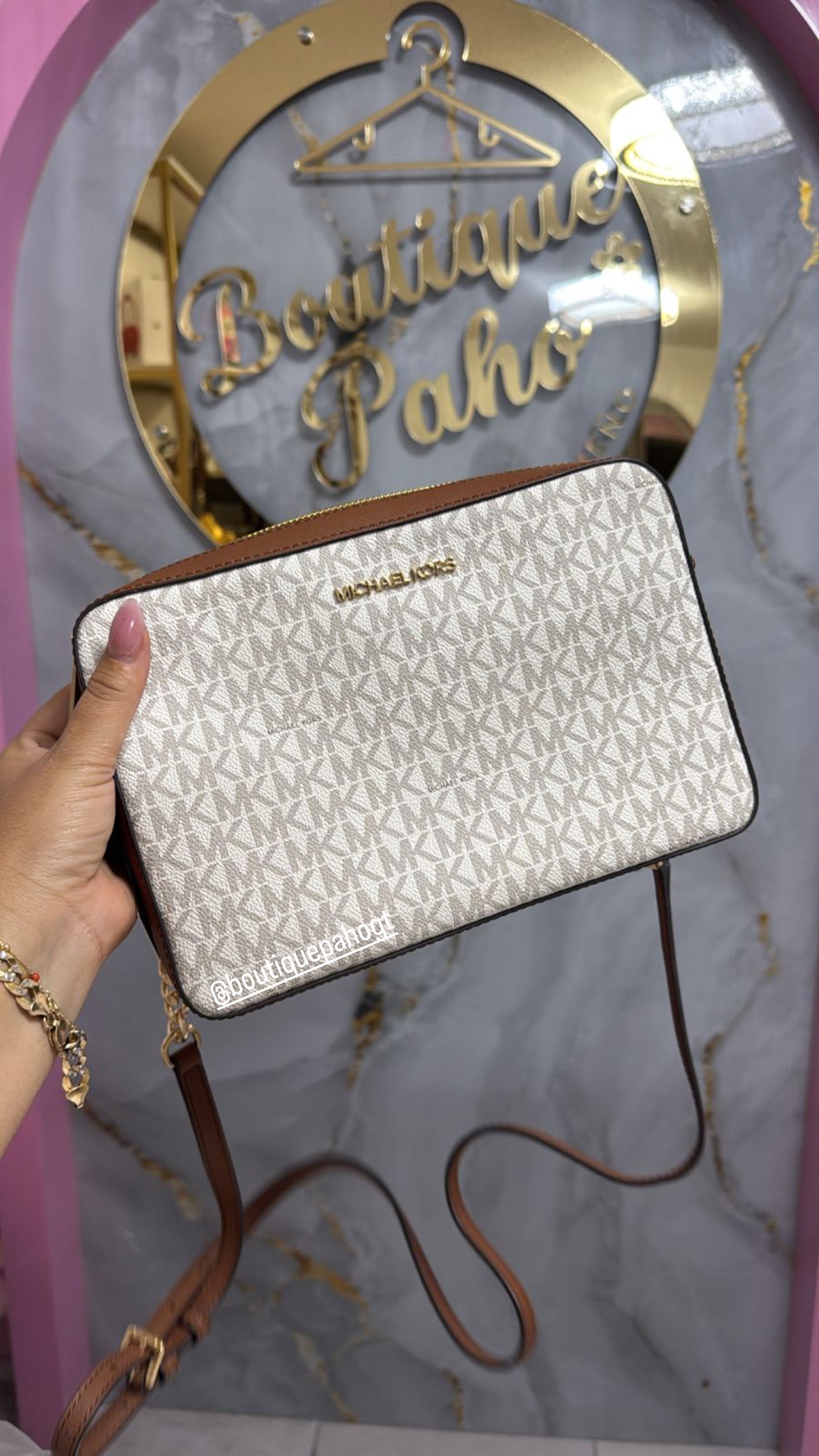 BOLSO MEDIANO MK ORIGINAL BLANCO CON CAFE
