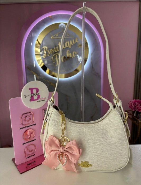 BOLSO COACH MEDIA LUNA BLANCO CON MOÑO ROSA