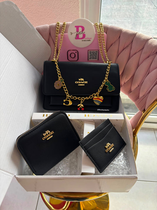SET DE 3 PIEZAS COACH COLOR NEGRO CON CADENA DUPE