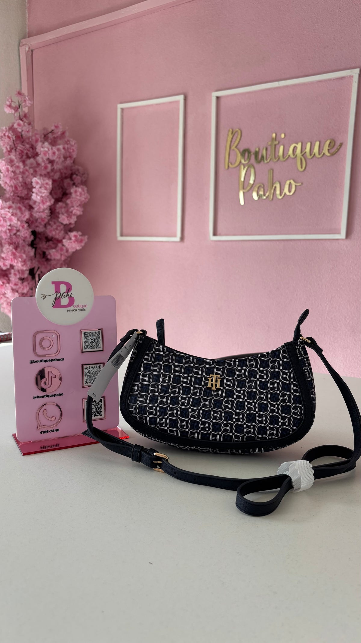 BOLSO MEDIA LUNA TOMMY HILFIGER AZUL CON BLANCO ORIGINAL