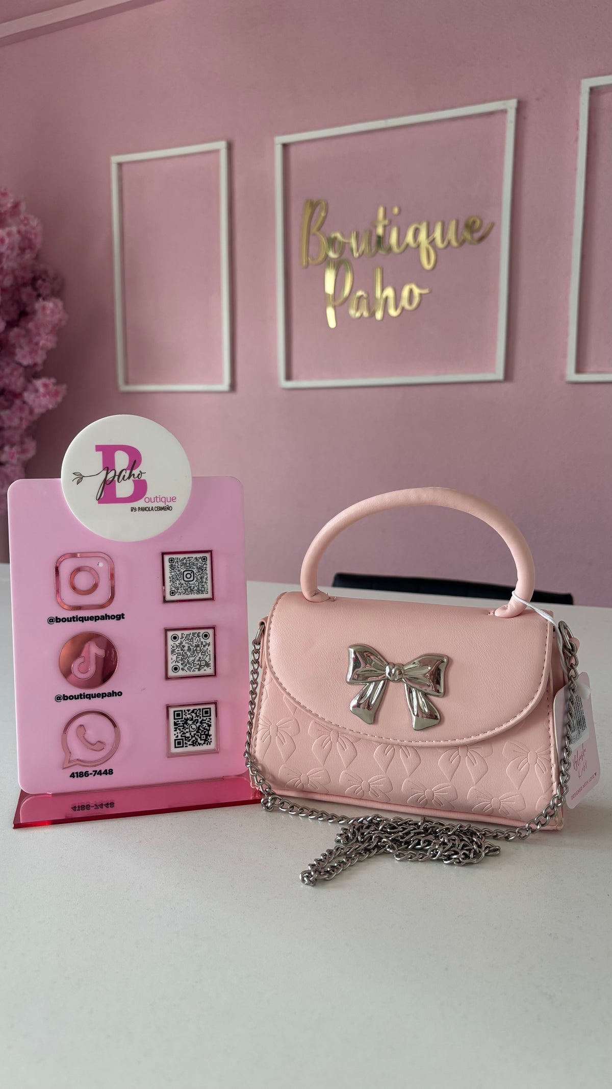 BOLSO ROSA MINI CON MOÑOS BLUSH KISS ORIGINAL