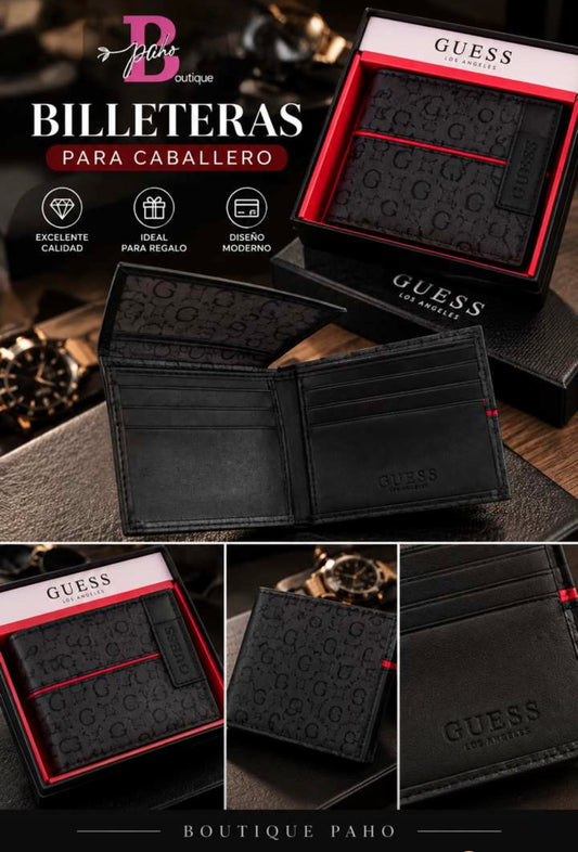 BILLETERA GUESS NEGRA CON LÍNEA ROJA CABALLERO ORIGINAL