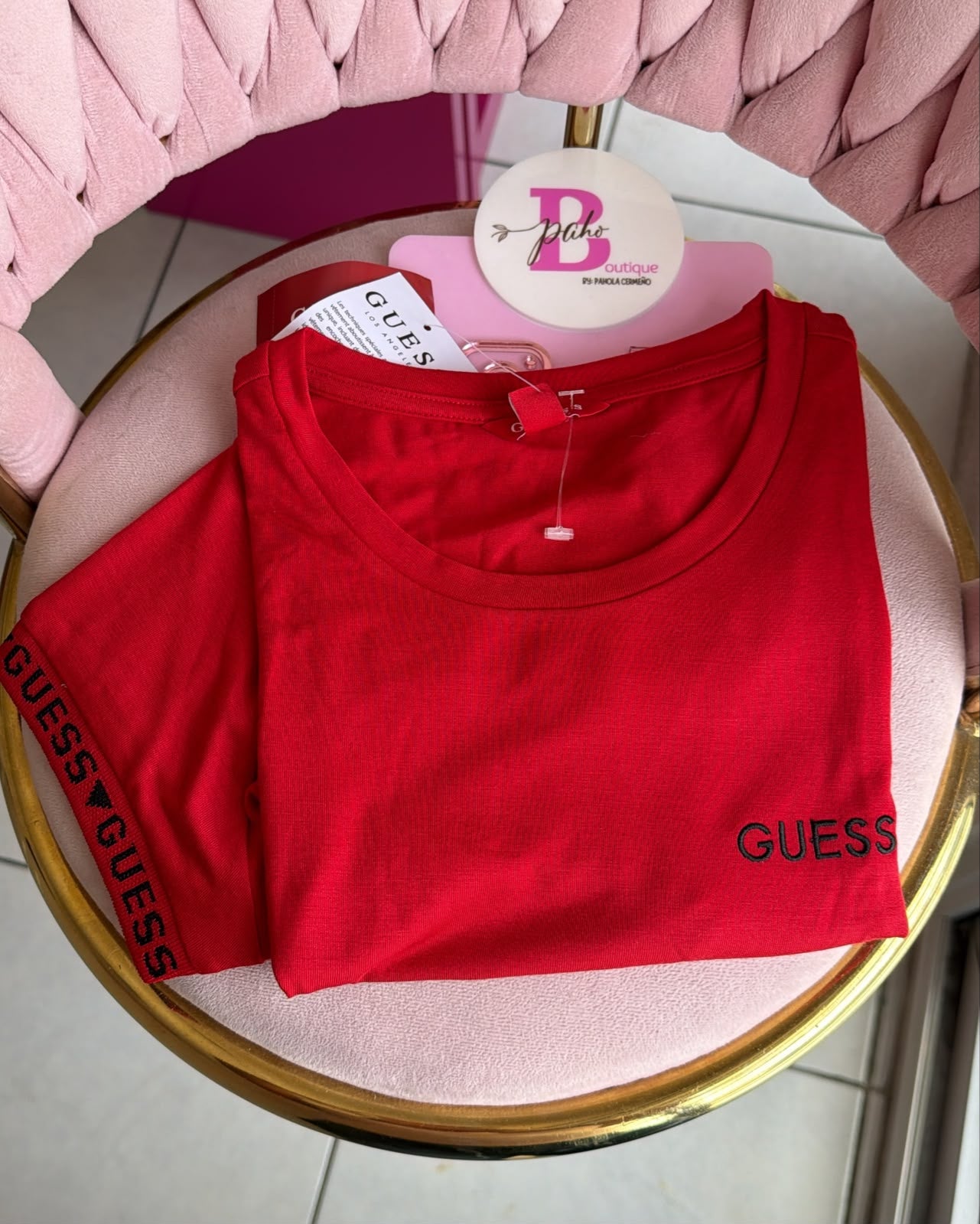 BLUSA GUESS ROJA ORIGINAL MANGA CON MARCA